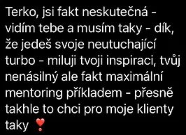 Reference: Terko, jsi fakt neskutečná - vidím tebe a musím taky - dík, že jedeš svoje neutuchající turbo - miluju tvojí inspiraci, tvůj nenásilný ale fakt maximální mentoring příkladem - přesně takhle to chci pro moje klientky taky.